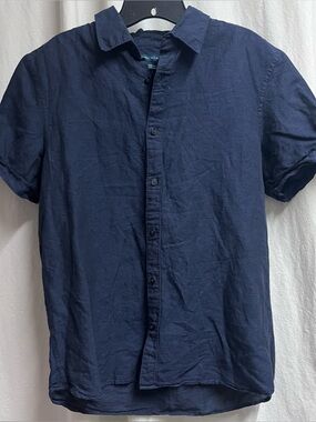 Perry Ellis Shirt Men Medium Blue Linen Blend Button Up Short Sleeve Preppy